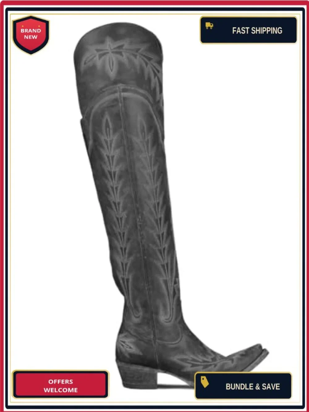 Over the Knee Cowboy Boots Women Embroidered Chunky Heel Side Zipper PU Leather